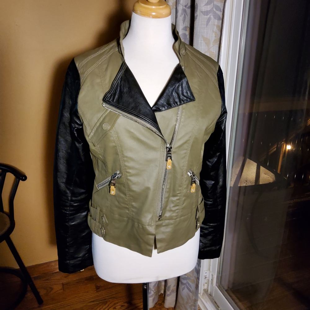 Nicole Benisti Olive Green & Black Faux Leather Moto Jacket (Fits Like Medium)